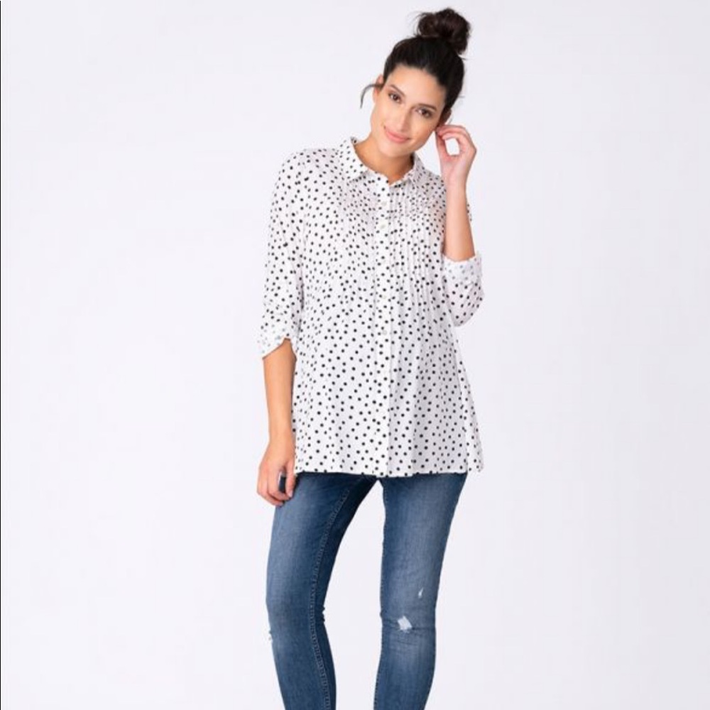 Seraphine polka dot button down maternity blouse 2